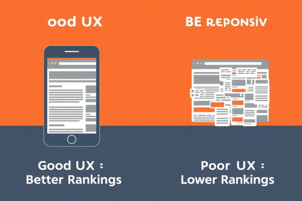 Comparison of mobile-responsive vs non-responsive website designs showing how UX and SEO rankings are affected Comparison of mobile-responsive vs non-responsive website designs showing how UX and SEO rankings are affected