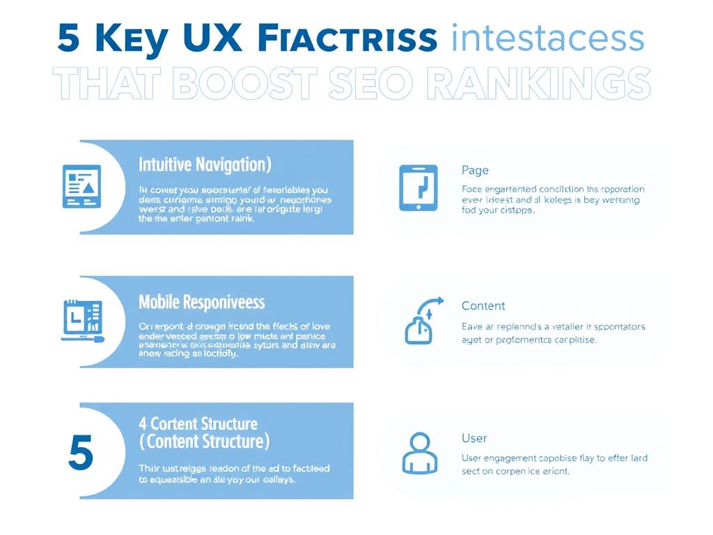 Infographic showing 5 key UX factors that boost SEO rankings including intuitive navigation, mobile responsiveness, page speed, content structure, and user engagement Infographic showing 5 key UX factors that boost SEO rankings including intuitive navigation, mobile responsiveness, page speed, content structure, and user engagement